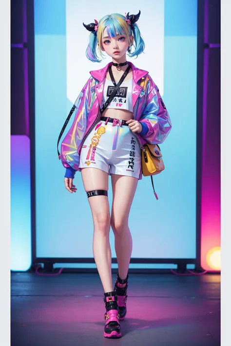 transparent color PVC clothing, transparent color vinyl clothing, prismatic, holographic, chromatic aberration, fashion illustration, masterpiece, girl with harajuku fashion, looking at viewer, 8k, ultra detailed, pixiv,<lora:tangbohu-detailmaker_v2.5:1>,