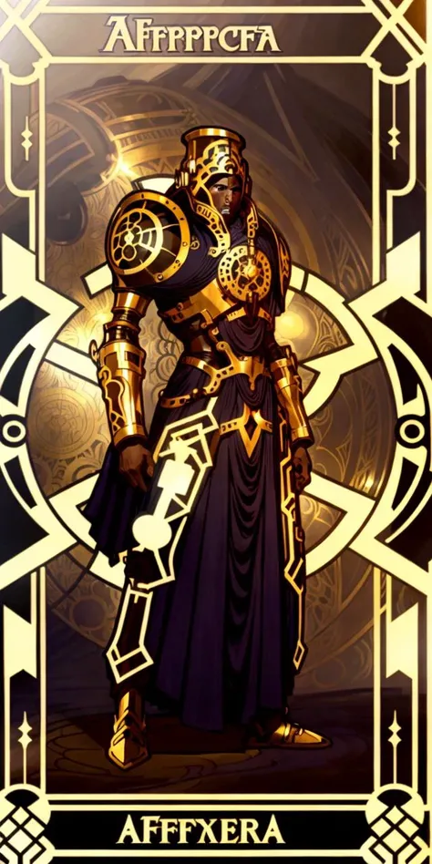 (  An  [ stunning | astonishing | exquisite ]
(  (    [  Alphonse Muchas  | Anders zorns   ]   )
[ tarot | MTFG ]
[ card | banner ]  )  )
with the ( full body )  portrait
of an  ( ( [ ominous | gloomy ] ) but beautiful ( ( African )  warforged ) character ...