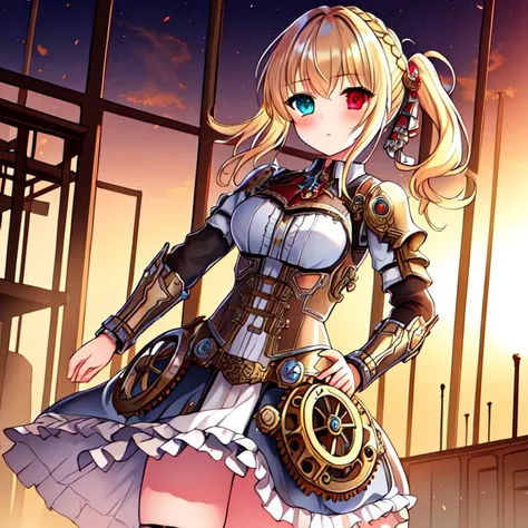 best quality, masterpiece, highres, detailed, perfect anatomy, SteamPunkCh, gears, gas, metallic, gear dress, <lyco:Change - SteampunkCh:0.7>, factory, hair tie, working, machinery, long skirt, gear skirt, 1girl, heterochromia, cowboy shot, curtsey,  <lora...