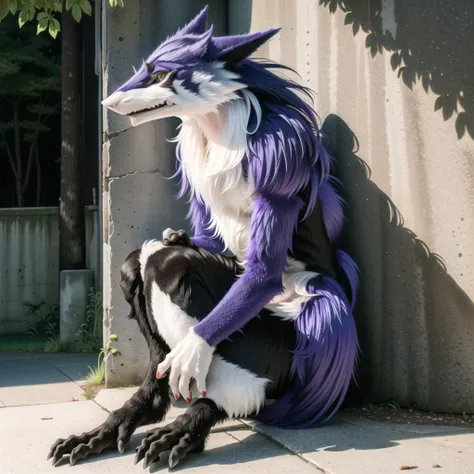 ((masterpiece):1.0), solo, (purple_fur), anthro (sergal:1.4), fluffy, clothed, ((cute face):1.0), alien_planet, sexy, fur body, leaning against wall, realistic, nudefursuit, feet focus, digital sketch, vibrant, gloomy, dynamic light, by hioshiru, by pino d...