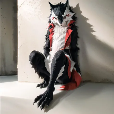 ((masterpiece):1.0), solo, (red_fur), anthro (sergal:1.4), fluffy, clothed, ((cute face):1.0), alien_planet, sexy, fur body, leaning against wall, realistic, nudefursuit, feet focus, digital sketch, vibrant, gloomy, dynamic light, by hioshiru, by pino daen...