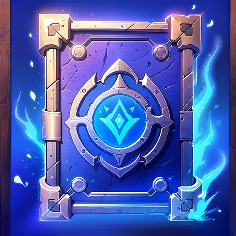 a picture of a blue and gold emblem with a blue flame