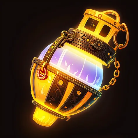 a close up of a glowing lantern with a chain around it