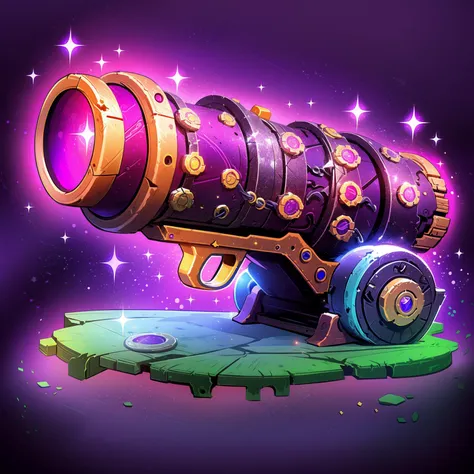 a purple and gold cannon on a green surface with stars