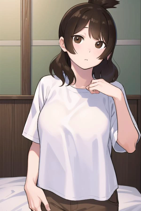 yuiashiro, <lora:yui ashiro-lora-nochekaiser:1>,
yui ashiro, bangs, blunt bangs, brown hair, (brown eyes:1.7), medium hair, ponytail,
BREAK shirt, pants, t-shirt, (white shirt:1.5),
BREAK indoors, bed,
BREAK looking at viewer, (cowboy shot:1.5),
BREAK <lyc...