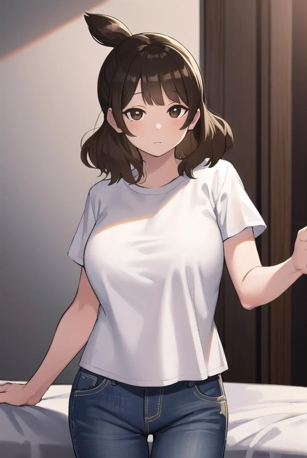 yuiashiro, <lora:yui ashiro-lora-nochekaiser:1>,
yui ashiro, bangs, blunt bangs, brown hair, (brown eyes:1.7), medium hair,
BREAK shirt, pants, t-shirt, (white shirt:1.5),
BREAK indoors, bed,
BREAK looking at viewer, (cowboy shot:1.5),
BREAK <lyco:GoodHand...