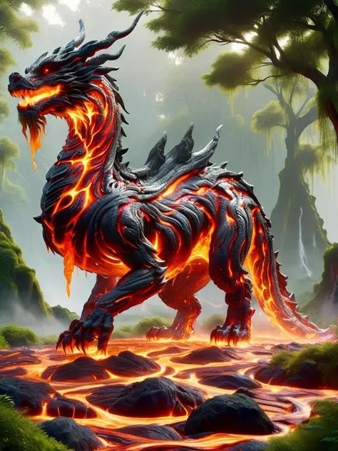 a dragon with fire coming out of its mouth in a forest