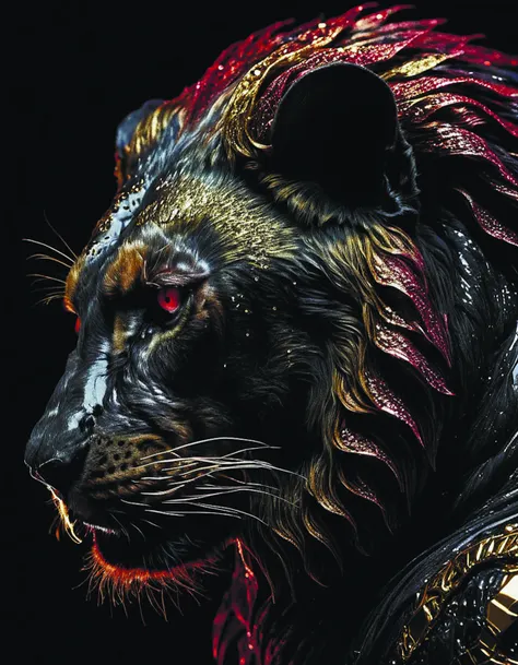 a close up of a black and gold lion with red eyes