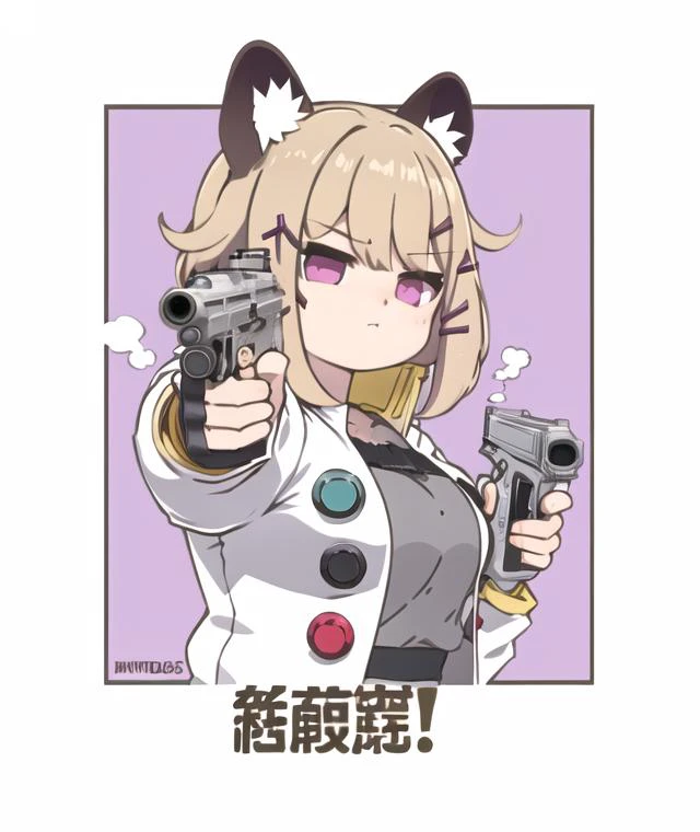 masterpiece, best quality, <lora:UtageV2:0.7>, 1girl, utage (arknights), animal ear fluff, blonde hair, short hair, hairclip, bangs, large breasts, purple eyes, white jacket, open jacket, grey sweater dress, <lora:gunAimingAtYouV1:0.4>, gunatyou, aiming at...