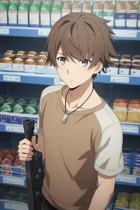 anime boy with gun in hand in front of shelves of food