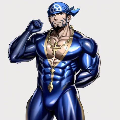 highres, masterpiece, high definition, high quality, 1boy, archie (pokemon), muscular male, dark skin, bandana, anchor necklace, blue latex bodysuit, large pectoral cleavage, facial hair,