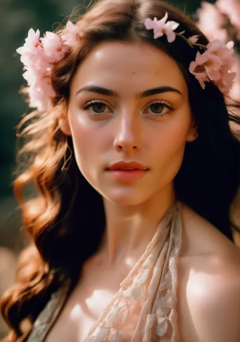 breathtaking analog film photo polaroid photo of a beautiful Italian elven woman with (light freckles:0.8) and a tired expression, (muscular:1.4), wearing intricate halter dress. Chaos explosion of sakura petals. natural skin, textured skin, (Light Academi...