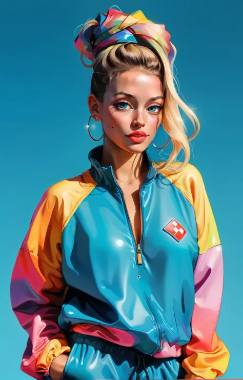 triadic colors, flat color abstract gradient (by Melissa Launay) BREAK hip-hop theme, <lora:CuteLora:1> torso shot of a beautiful Swiss woman with a shy smile wearing an oversized baggy tracksuit, Conrad Roset, digital painting, pop art, cyberpunk art, the...