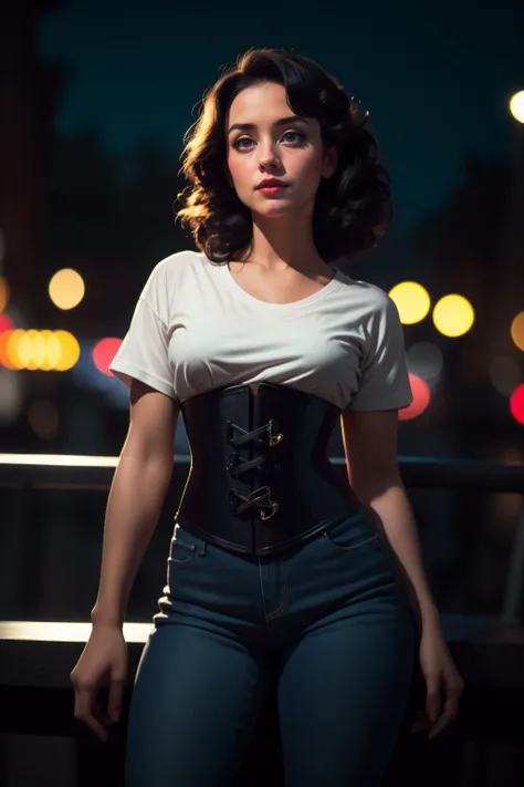 a woman in a corset posing for a picture in the dark