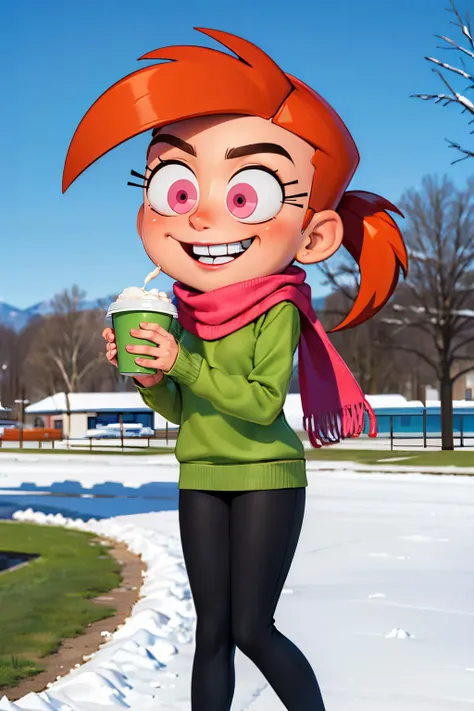 vicky, pink eyes, orange hair, ponytail, red lipstick,green sweater, black leggings, scarf,looking at viewer, smiling, teeth, blush, standing,  holding coffee cup, outside, park, field, snow, winter, blue sky, high quality, masterpiece, <lora:Vicky3:.5>