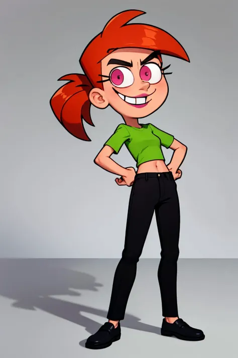 vicky, ponytail,orange hair,  lipstick, solo, 1girl, green crop top, pink eyes, black pants,midriff standing, short sleeves, looking at viewer ,smile,crossed arms,    <lora:Vicky(1.0):0.5>