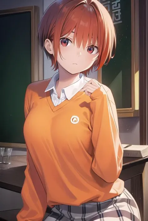 tomonanba, <lora:tomo nanba manga-lora-nochekaiser:1>,
tomo nanba, short hair, (red hair:1.5), (red eyes:1.3),
BREAK skirt, plaid, plaid skirt, sweater, long sleeves, shirt, white shirt, collared shirt, (orange sweater:1.5),
BREAK indoors, classroom,
BREAK...