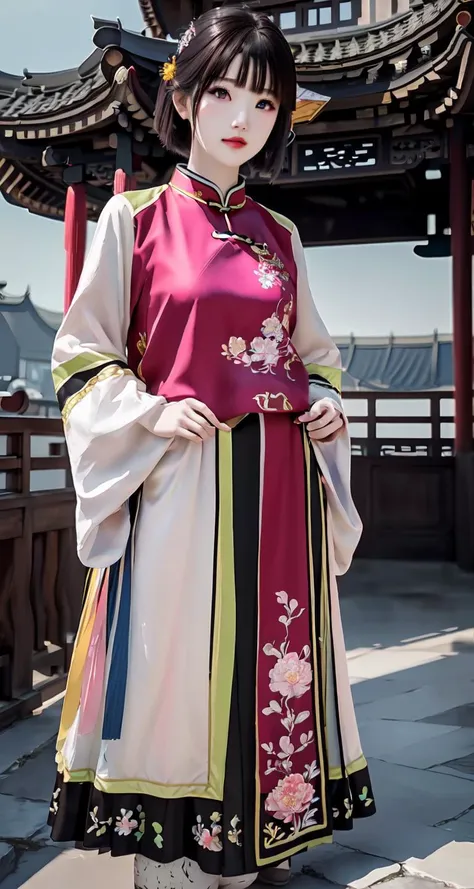 <lora:QingNvZhuang:0.6>,(pink/yellow/green/blue/red/white chinese clothes),(floral print), (pink/yellow/green/blue/red/white/black long skirt),(long sleeves),1 girl,full body,(short hair:1.1), (realistic:1.7),((best quality)),absurdres,(ultra high res),(ph...