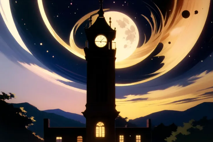 nighttime scene of a clock tower with a sky background