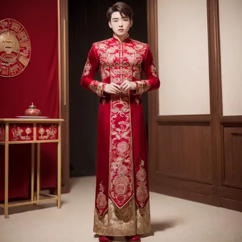 (8k, RAW photo, best quality, masterpiece:1.2), (realistic, photo-realistic:1.4), ultra-detailed, (young male internet celebrity),masculine style,perfect detail ,  make up,(full body:1.5),chinese style architecture,a dress with a red and gold pattern on it...