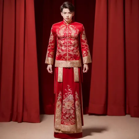 (8k, RAW photo, best quality, masterpiece:1.2), (realistic, photo-realistic:1.4), ultra-detailed, (young male internet celebrity),masculine style,perfect detail ,  make up,(full body:1.5),chinese style architecture,a dress with a red and gold pattern on it...