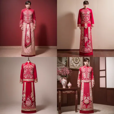 (8k, RAW photo, best quality, masterpiece:1.2), (realistic, photo-realistic:1.4), ultra-detailed, (young male internet celebrity),masculine style,perfect detail ,  make up,(full body:1.5),chinese style architecture,a man, a dress with a pink and red design...