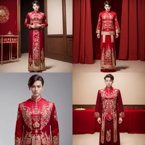 (8k, RAW photo, best quality, masterpiece:1.2), (realistic, photo-realistic:1.4), ultra-detailed, (young male internet celebrity),masculine style,perfect detail ,  make up,(full body:1.5),chinese style architecture,a dress with a red and gold pattern on it...