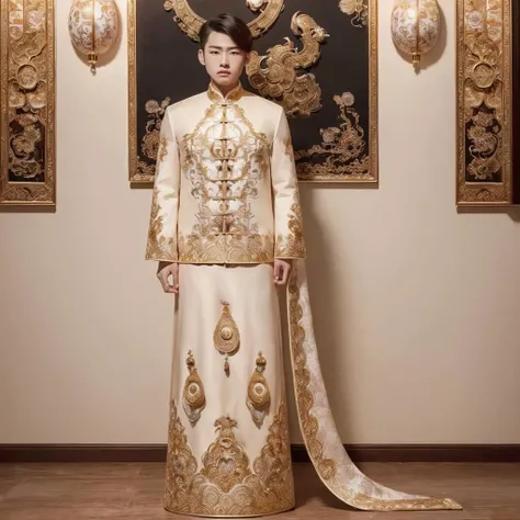 (8k, RAW photo, best quality, masterpiece:1.2), (realistic, photo-realistic:1.4), ultra-detailed, (young male internet celebrity),masculine style,perfect detail ,  make up,(full body:1.5),chinese style architecture,a man, a womans dress with a gold and whi...