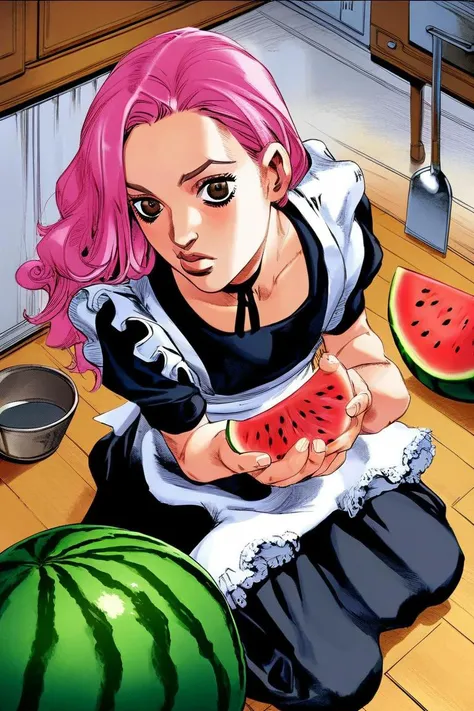 score_9, score_8_up, score_7_up, rating_safe BREAK
1girl, :t, looking at viewer, long hair, pink hair, brown eyes, black dress, maid dress, flat chest, sitting, on floor, eating, watermelon, from above, kitchen <lora:j0j0styl3v1SDXLpony:1> j0j0styl3