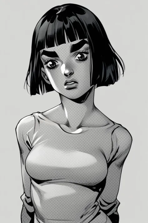 a woman with a short black hair and a white top