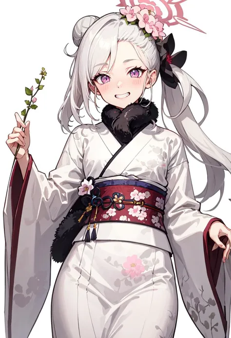 best quality, masterpiece, highres, solo, (mutsuki_bluearchive:1.10), 1girl, hair bun, obi, official alternate costume, pink flower, white kimono, wide sleeves, long sleeves, looking at viewer, blush, grin, pink eyes, holding, simple background, white back...