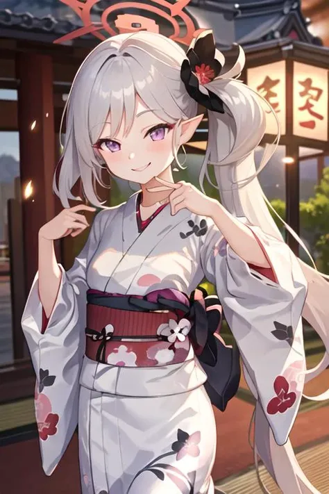 best quality, masterpiece, highres, solo, {yukata:1.40}, {kimono:1.20}, {mutsuki_bluearchive:1.15}, long_hair, hair_ornament, smile, halo, bangs, purple_eyes, white_hair, side_ponytail, blush, hair_flower, flower, grey_hair, pointy_ears