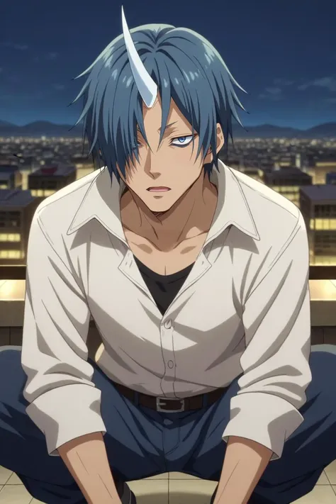 a man with blue hair sitting on a roof with a sword in his hand