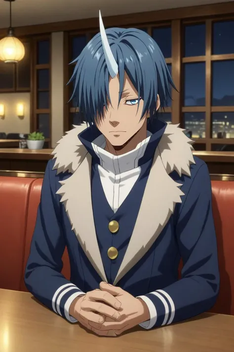 a man sitting at a table with a blue hair and a white shirt