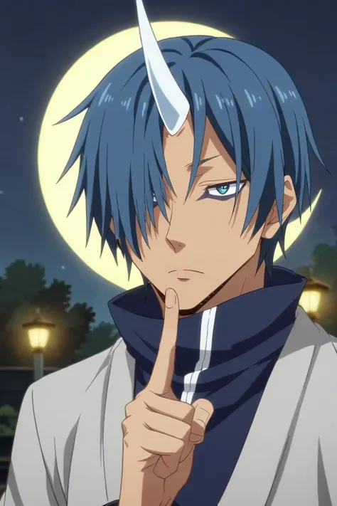 a man with blue hair and a goat's head pointing at his finger