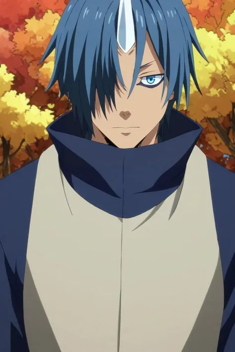 a man with blue hair and a white top standing in front of a tree