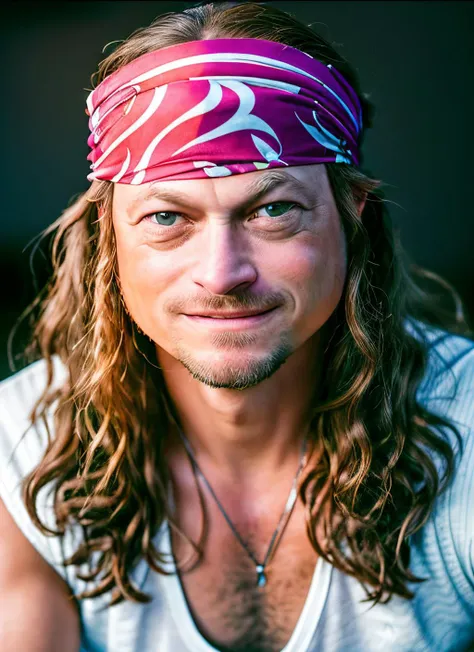 closeup portrait of sksperson , a man with a bandana on, long hair, sitting in a boat on the water with a small smile on his face, epic (photo, studio lighting, hard light, sony a7, 50 mm, matte skin, pores, colors, hyperdetailed, hyperrealistic), <lyco:Ga...