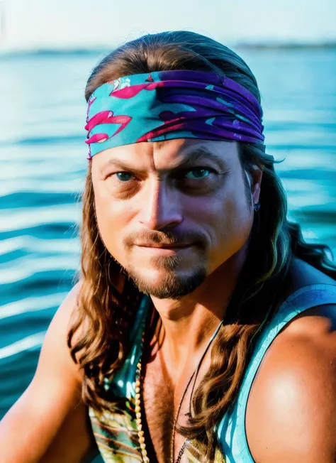 closeup portrait of sksperson , a man with bandana on, long hair, sitting in a boat on the water , epic (photo, studio lighting, hard light, sony a7, 50 mm, matte skin, pores, colors, hyperdetailed, hyperrealistic), <lyco:Gary Sinise:1.2>