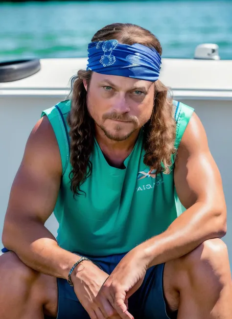 closeup portrait of sksperson , a man with bandana on, long hair, sitting in a boat on the water , epic (photo, studio lighting, hard light, sony a7, 50 mm, matte skin, pores, colors, hyperdetailed, hyperrealistic), <lyco:Gary Sinise:1.2>