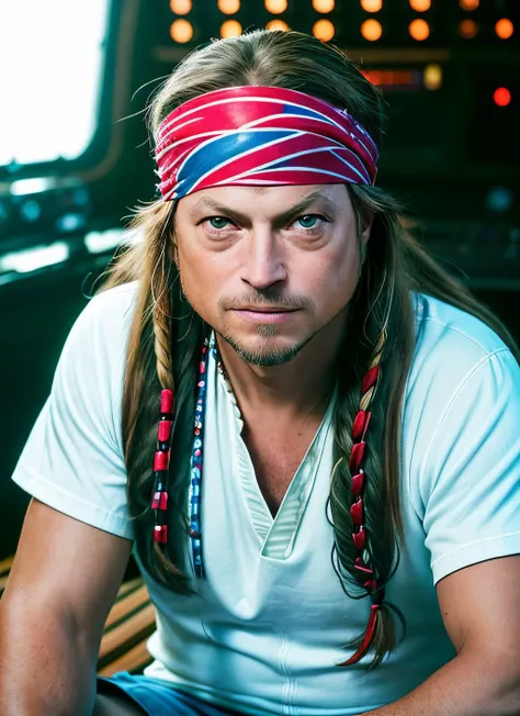 closeup portrait of sksperson , a man with bandana on, long hair, sitting in a boat on the water , epic (photo, studio lighting, hard light, sony a7, 50 mm, matte skin, pores, colors, hyperdetailed, hyperrealistic), <lyco:Gary Sinise:1.2>