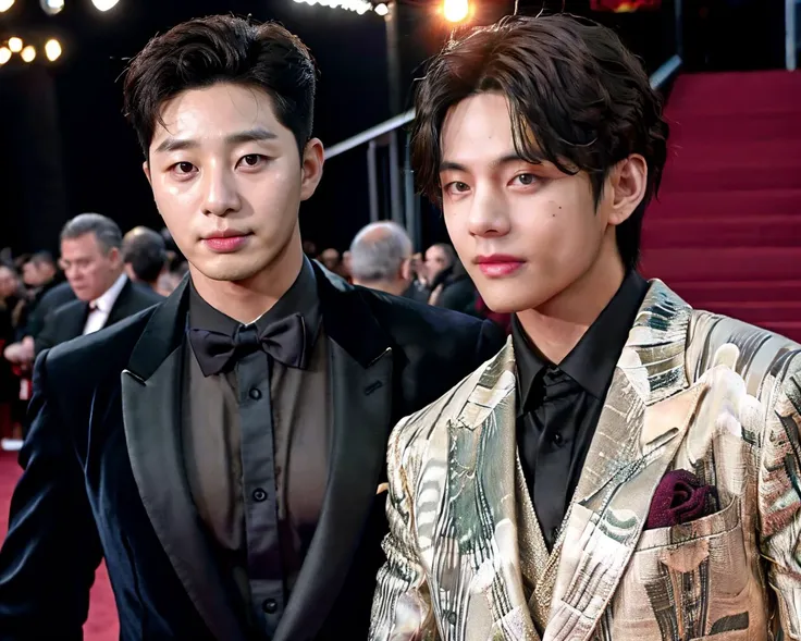 two asian men in suits standing next to each other on a red carpet