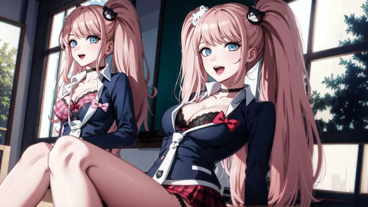 junkoenoshima,<lora:junkoenoshima-lora-nochekaiser:1>,junko enoshima,bear hair ornament,blue eyes,long hair,pink hair,twintails,evil smile,(grin:0.6),open mouth,bow,bra,choker,cleavage,fingernails,lace trim,lace-trimmed bra,long fingernails,loose necktie,n...