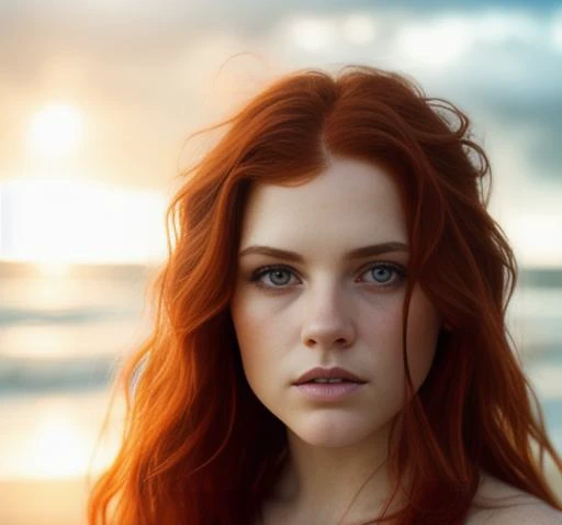 sadiesstanley (sharp focus:1.2), photo, (beautiful face:1.1), detailed eyes, luscious lips, (red hair), wearing (bikini:1.2) on a (beach:1.2).  (moody lighting:1.2), depth of field, bokeh, 4K, HDR. by (James C. Christensen:1.2|Jeremy Lipking:1.1).