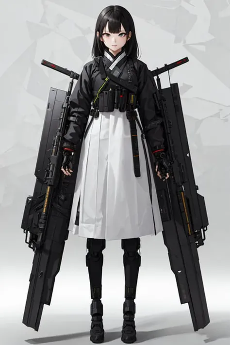 best quality, high_resolution,girl,hanbok,mechanical arms, techwear, holding weapon,detailed background,