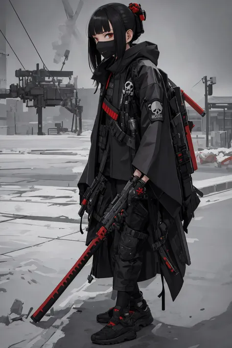 best quality, high_resolution,girl,kimono, techwear, skull,holding weapon,detailed background,