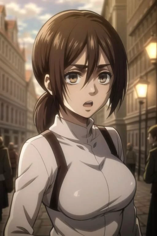 a woman in a white shirt and suspenders standing in a street