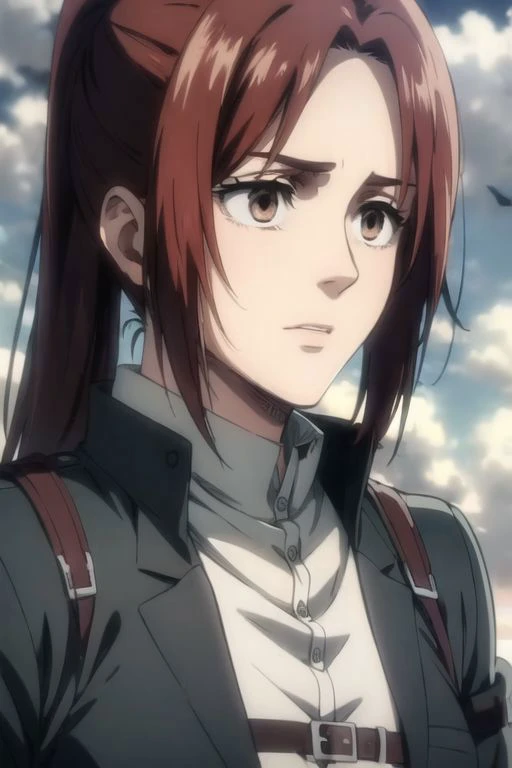 a close up of a person with a red hair and a jacket