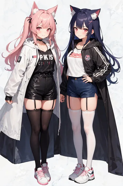 animal ears, 2girls, multiple girls, pink hair, thighhighs, long hair, jacket, shoes, looking at viewer, pants, animal ear fluff, simple background, cat ears, black hair, standing, extra ears, pink eyes, hair ornament, white background, hood, full body, x ...