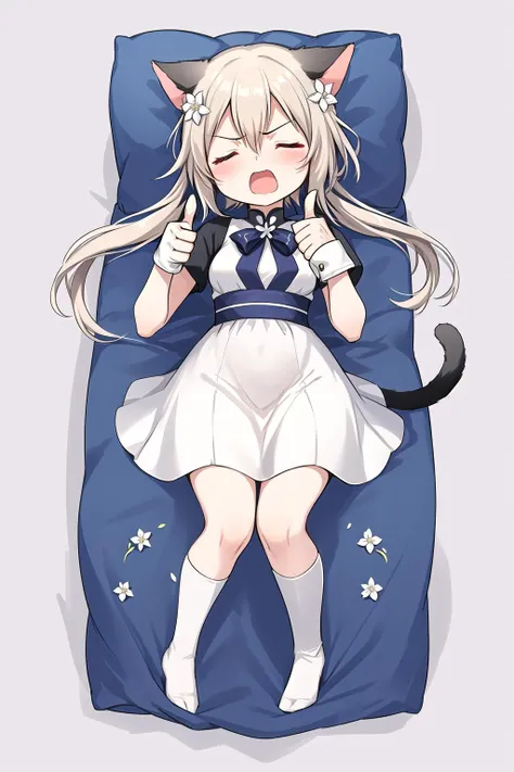 anime character sleeping in a bed with a cat on it