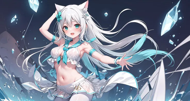 masterpiece, best quality, wide shot, close-up,
1girl, (flying, floating, in air:1.2), evil smile, open mouth, arms up,
(1girl:1.2), large breasts, white hair, long hair, aqua eyes, glowing eyes, flower hair ornament, cat ears, floating hair, [(white seraf...